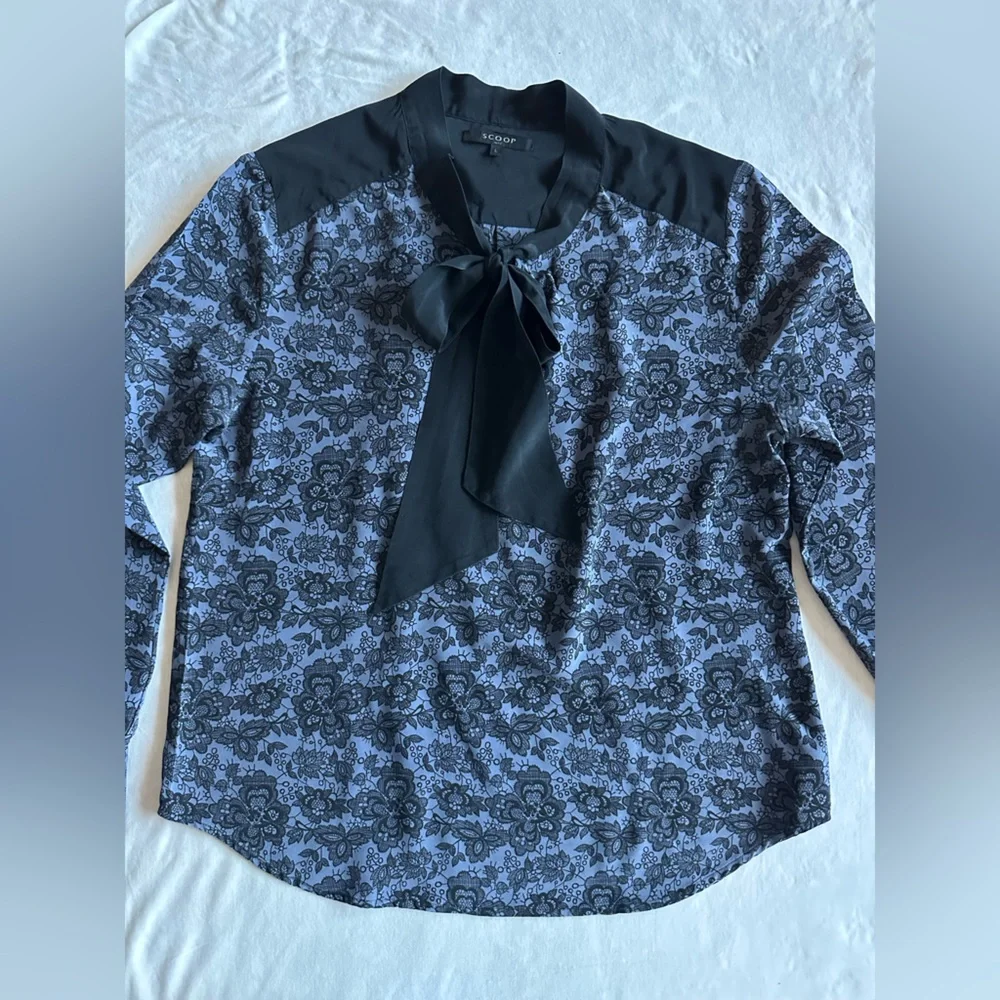 Scoop NYC Silk Large Black neck tie Dress Top - Picture 2 of 14